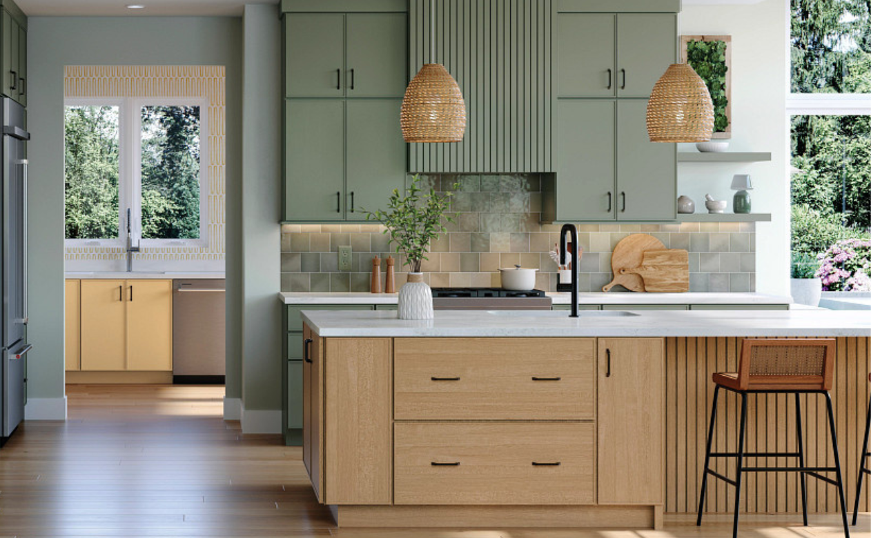gray tile backsplash in a kitchen