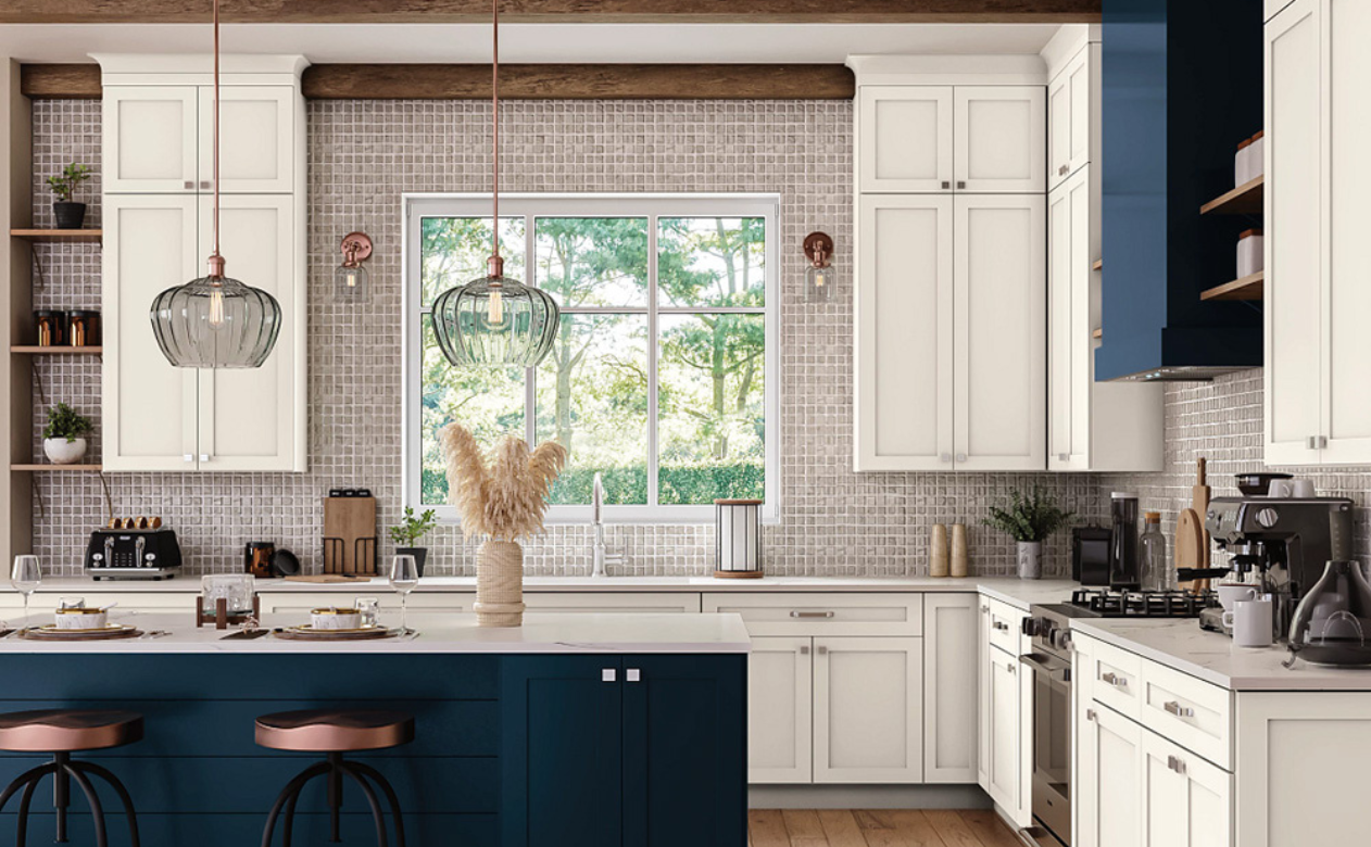 White backsplash tile in a kitchen display