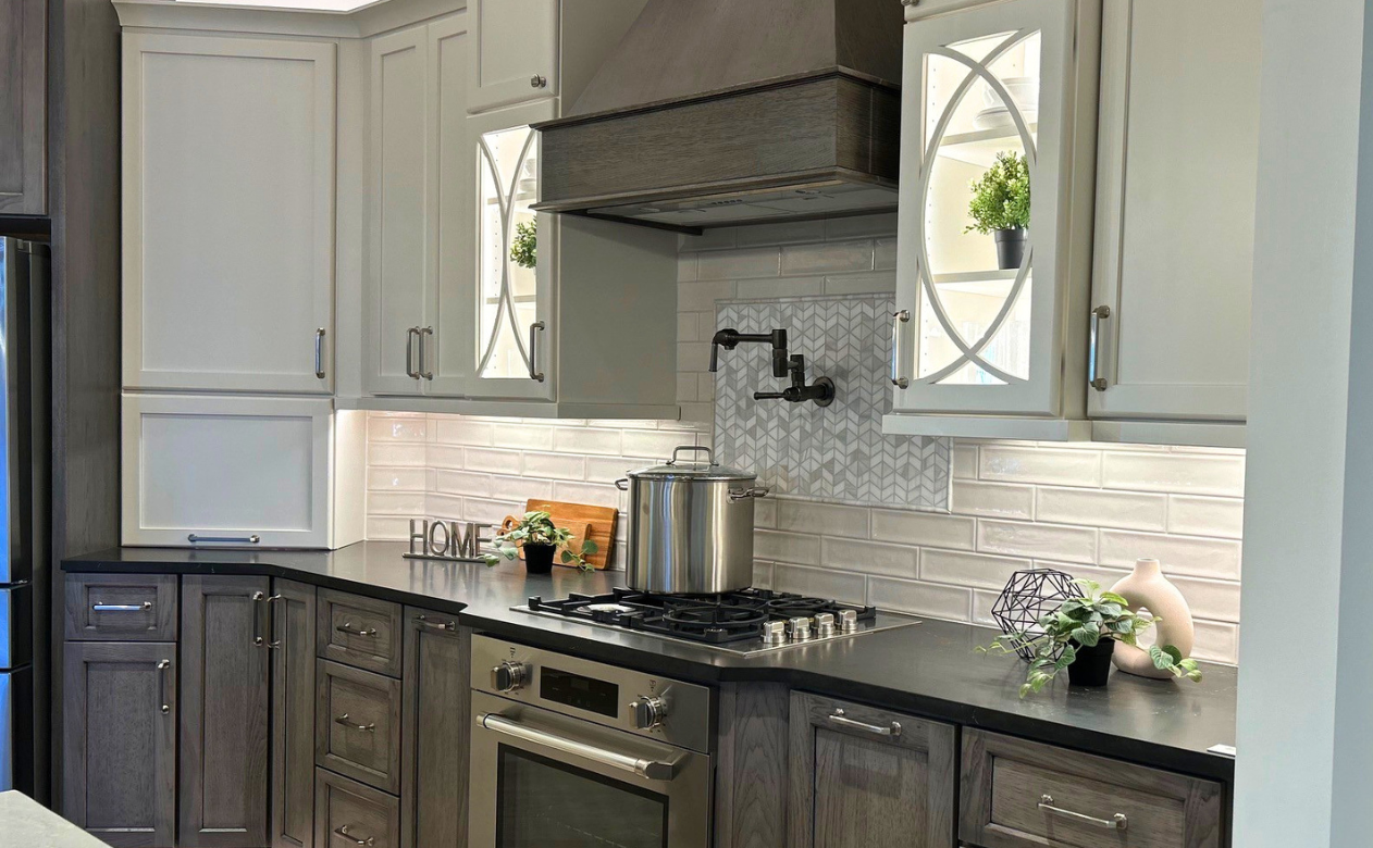 White backsplash tile in a kitchen display