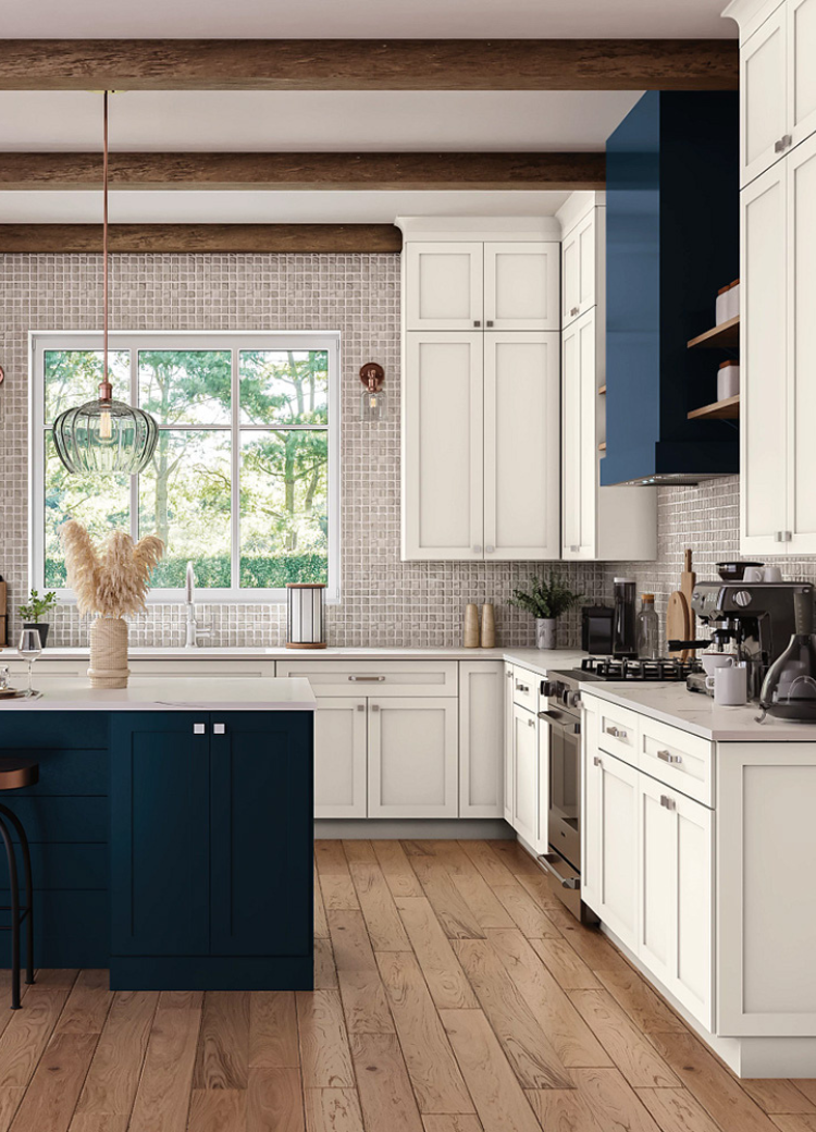 White backsplash tile in a kitchen display