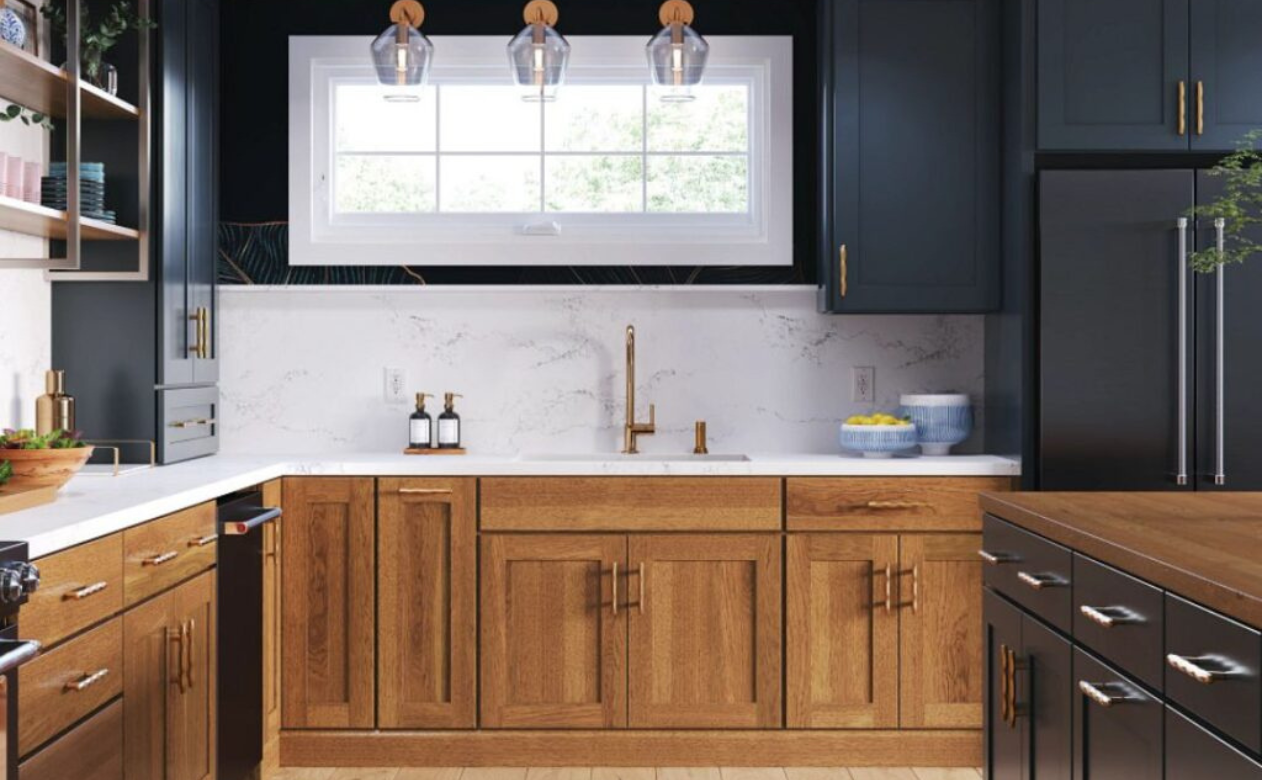 blue cabinets in a kitchen display at Kiba Studios in Atlanta