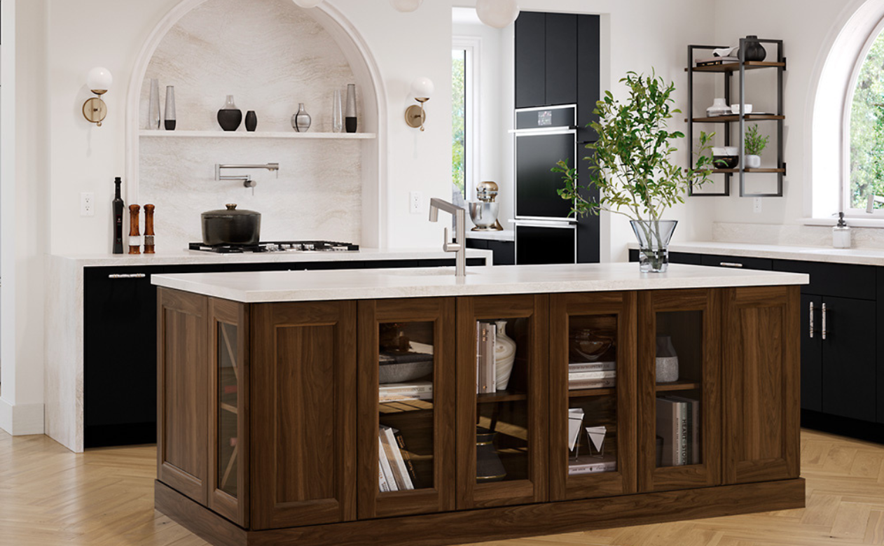 Custom wood cabinetry in a kitchen with black countertops