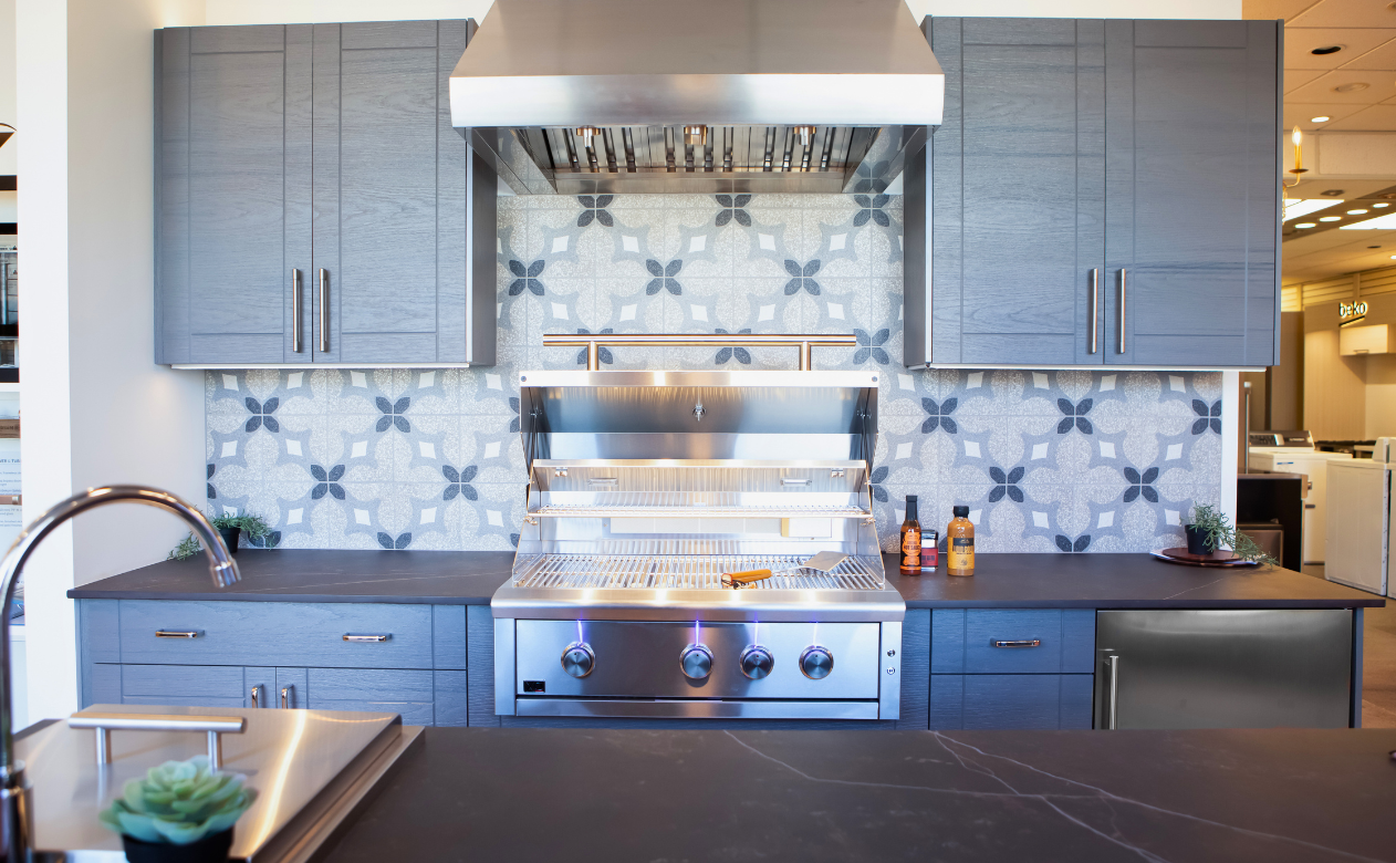 blue cabinets in a kitchen display at Kiba Studios in Atlanta