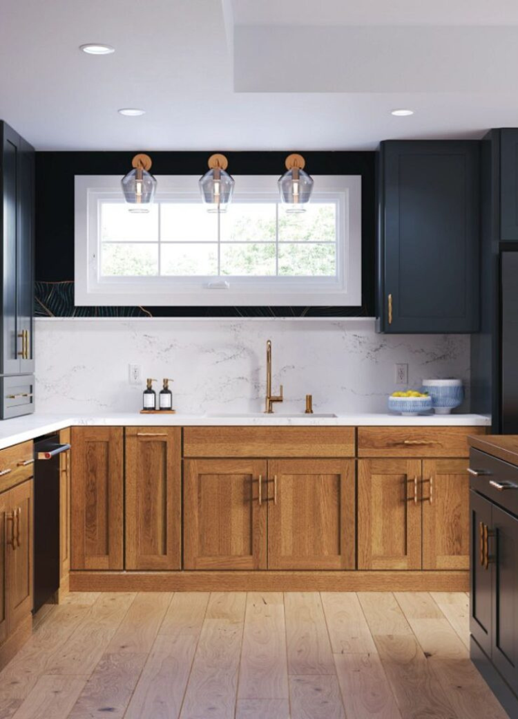 blue cabinets in a kitchen display at Kiba Studios in Atlanta