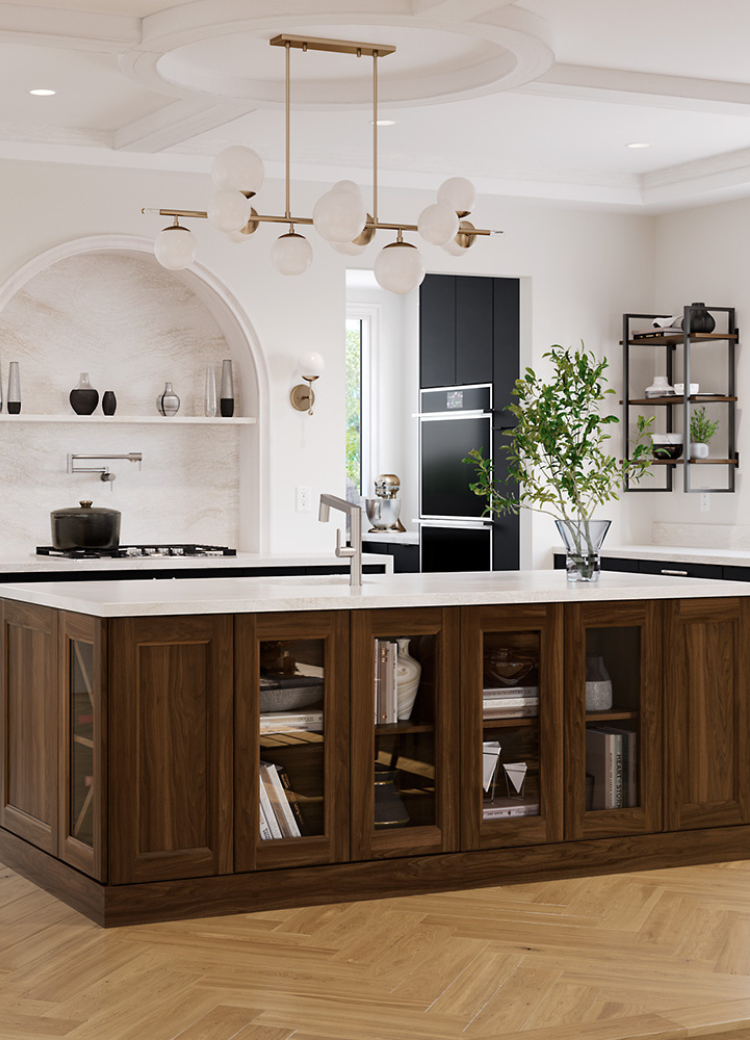 Custom wood cabinetry in a kitchen with black countertops