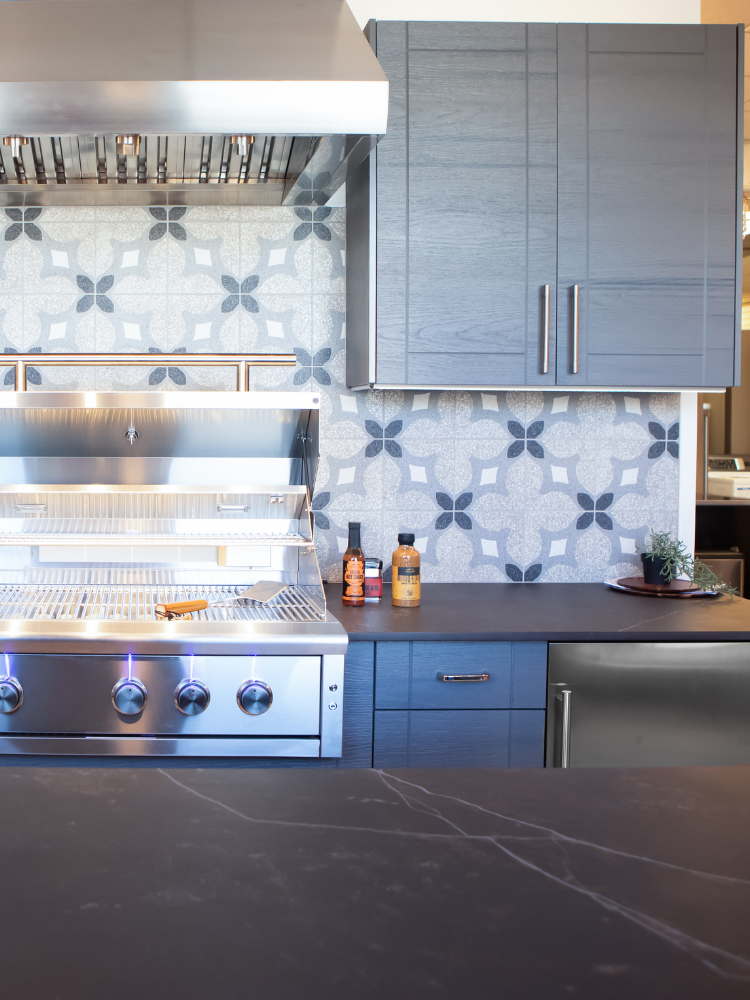 blue cabinets in a kitchen display at Kiba Studios in Atlanta