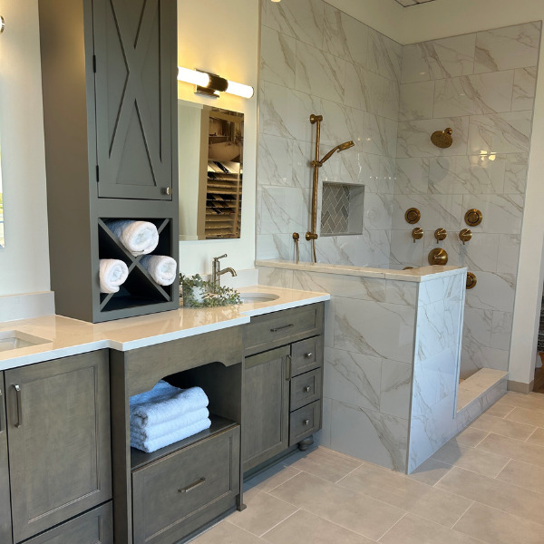 wooden cabinetry in a bathroom with walk-in shower