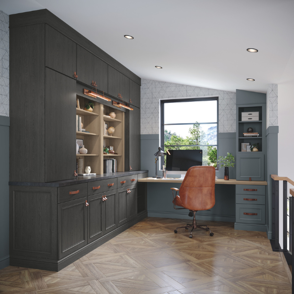 Home office with cabinets and white countertops